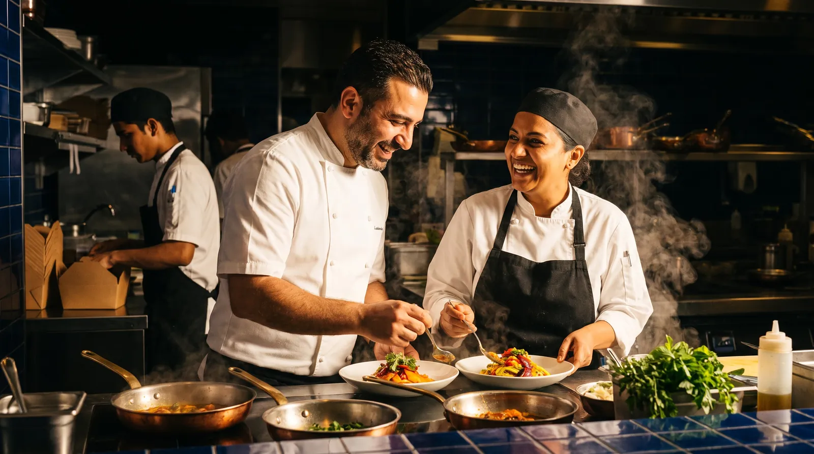 Lebanese and Indian chef-founders plating dishes for a new restaurant brand