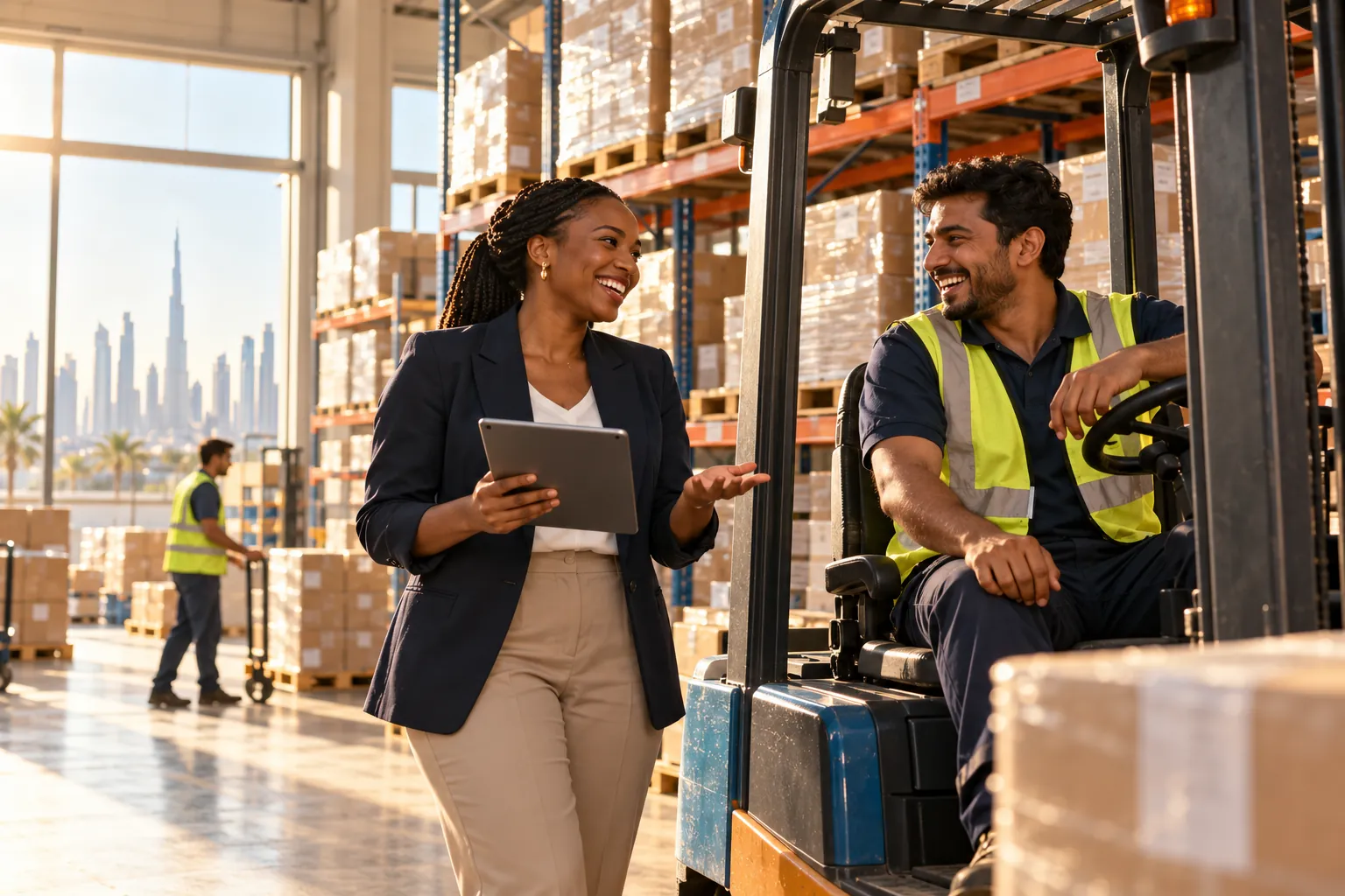 A Kenyan operations manager and a forklift operator in a modern warehouse